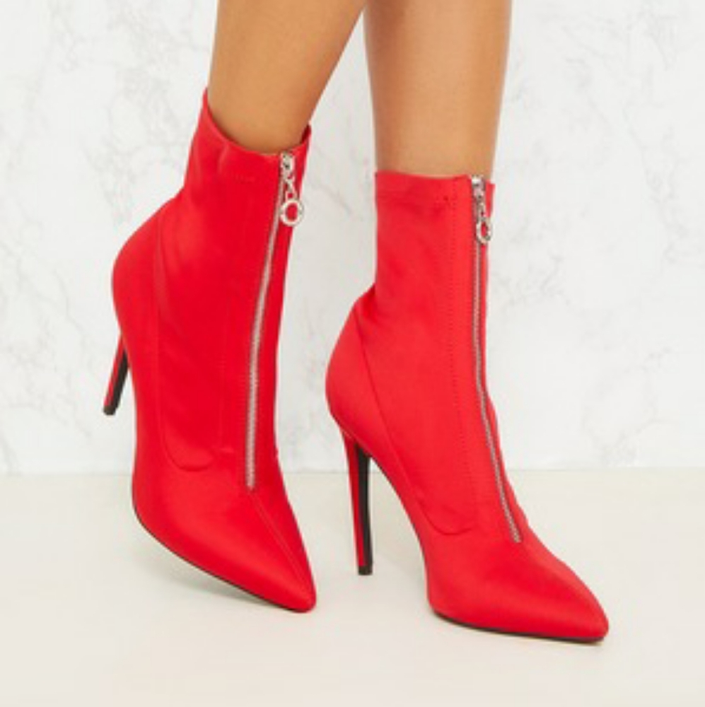 PrettyLittleThing Red Lycra Zip Front Sock Boot NWOT